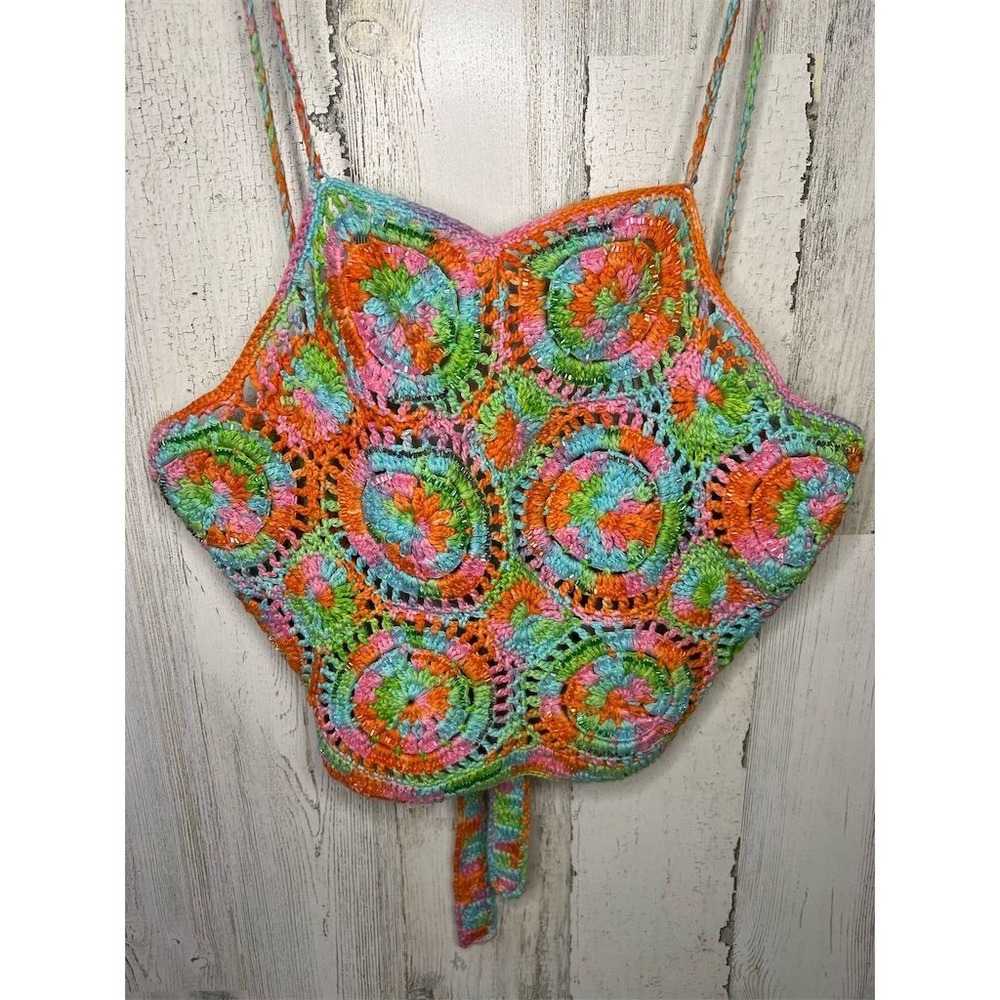 Brenda Thomson Crochet Halter Crop Top Multi Color Beaded Boho Festival Womens - Picture 2 of 8